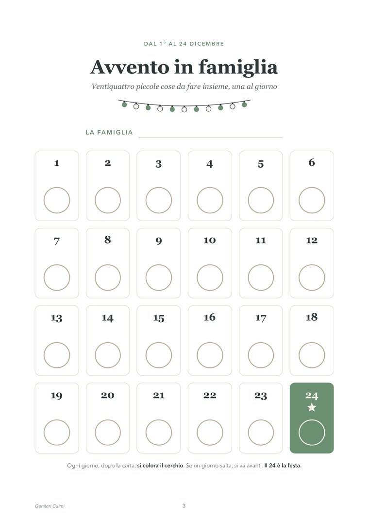 Il poster da appendere: ventiquattro caselle numerate con un cerchio da colorare ogni giorno