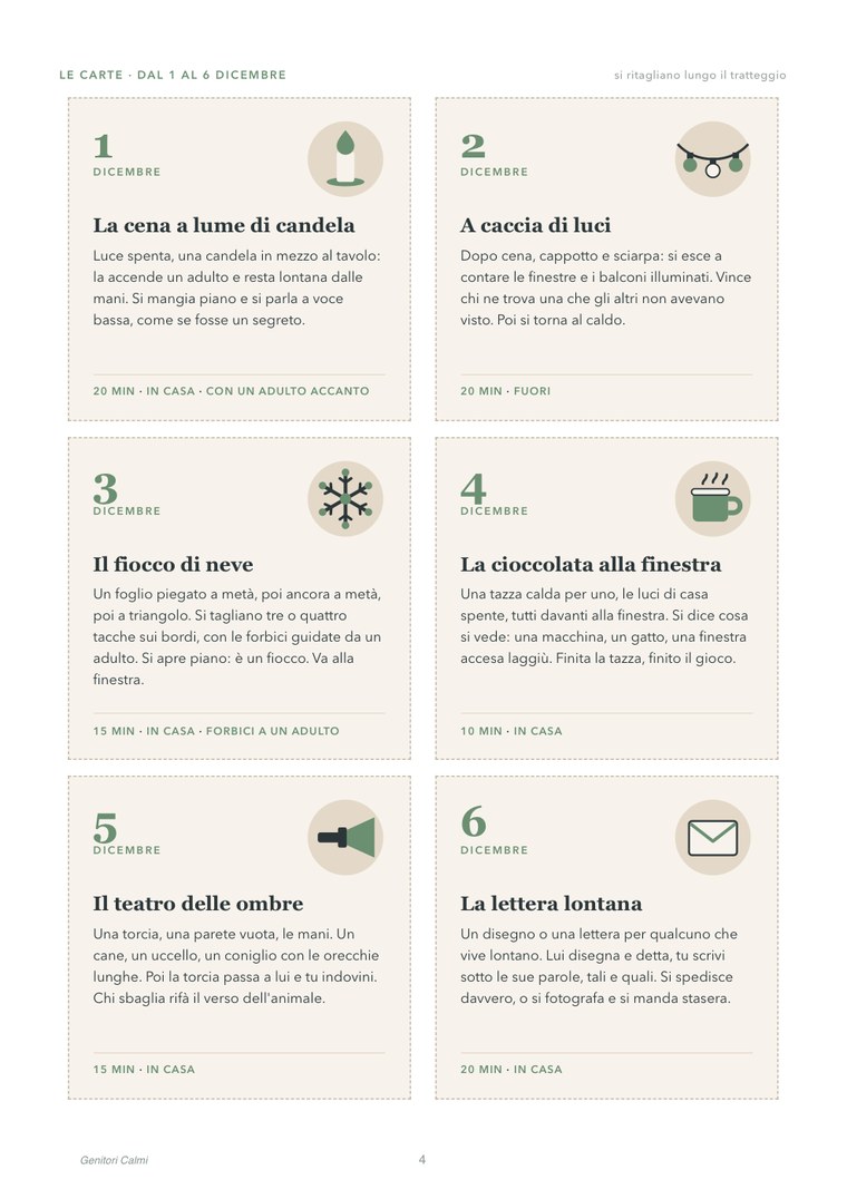 Una pagina delle carte da ritagliare: sei carte, dal 1 al 6 dicembre, ognuna con il numero, un disegno e le istruzioni