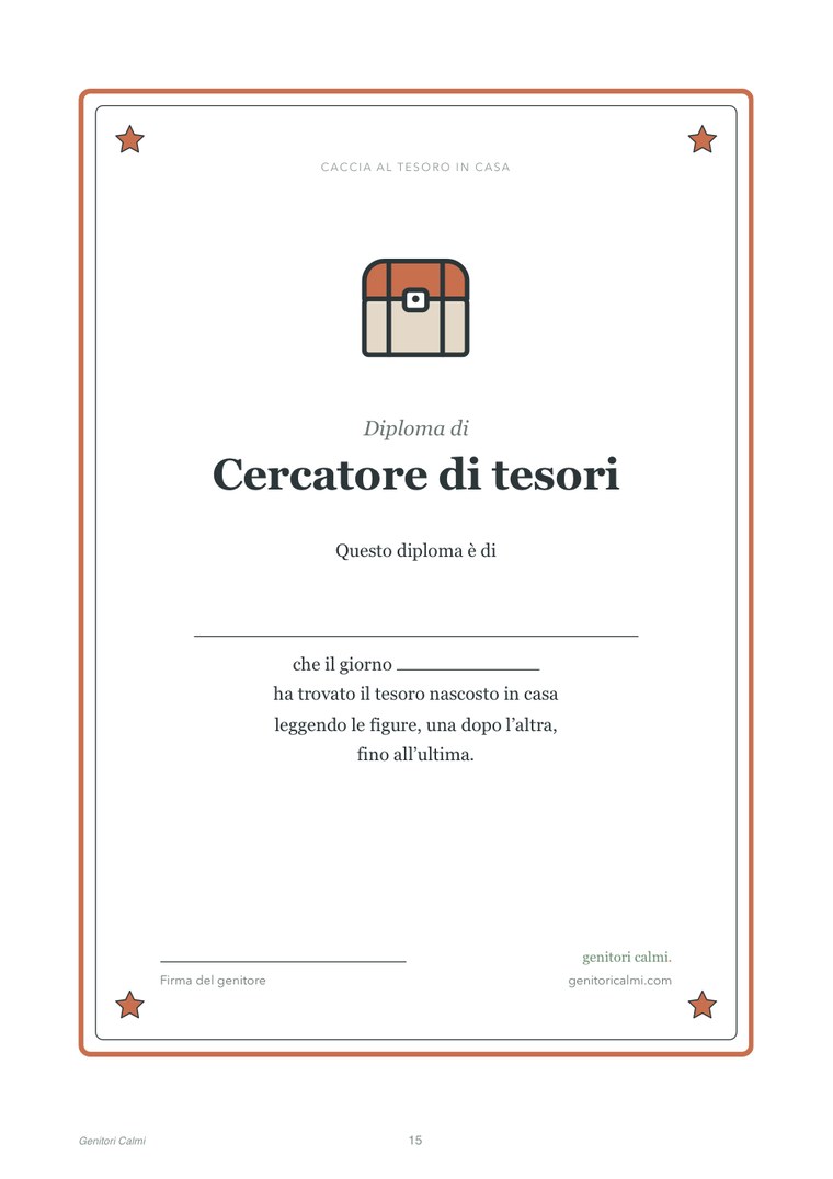 Il diploma di cercatore di tesori, con lo spazio per il nome, la data e la firma del genitore