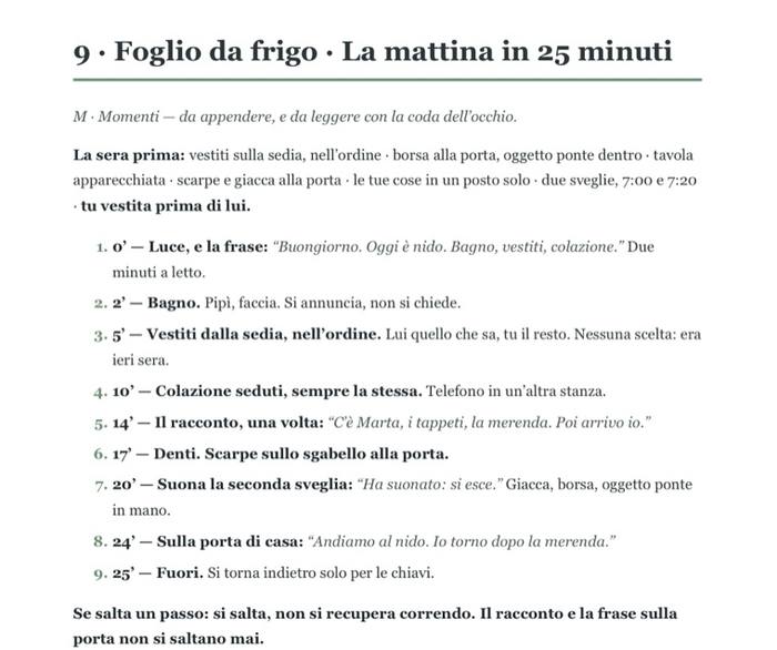 Sezione 9 — Foglio da frigo: la mattina in 25 minuti, dalla sveglia alla porta