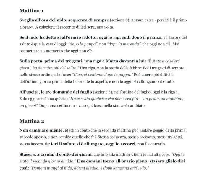 Sezione 1 — Il rientro dopo i giorni a casa: la mattina 1 e la mattina 2, con la frase da dire sulla porta