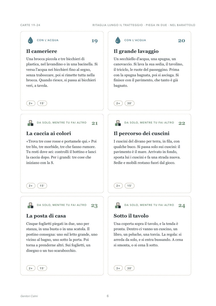 Una pagina di carte del PDF: sei carte con l'icona del gruppo, il numero, il titolo, le istruzioni e le etichette di età e tempo